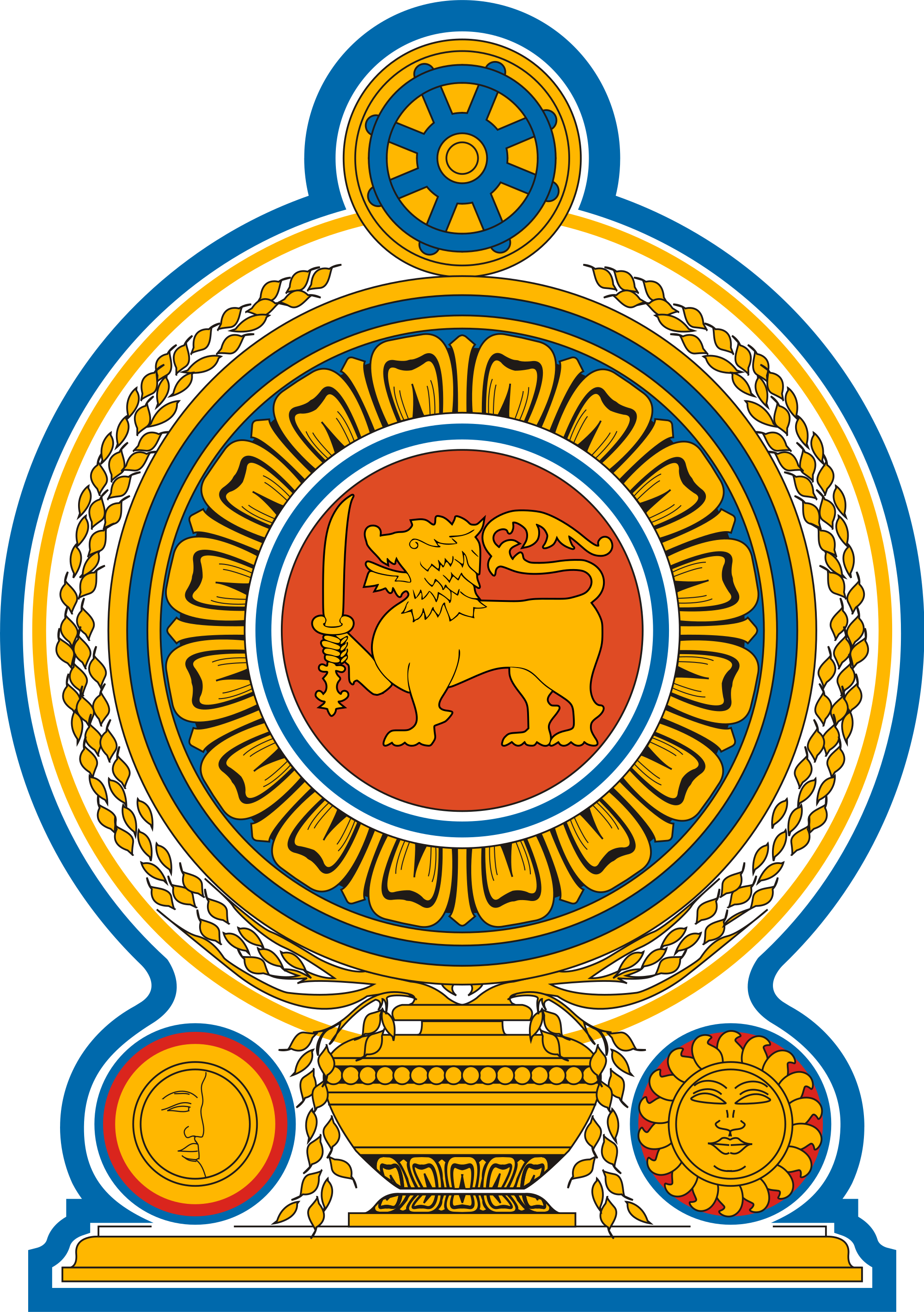 Emblem of Sri Lanka featuring a central golden lion holding a sword on a red background, surrounded by a blue and gold circular design, with smaller circular symbols of a face and a smiling sun, and decorative elements in gold, white, and blue.
