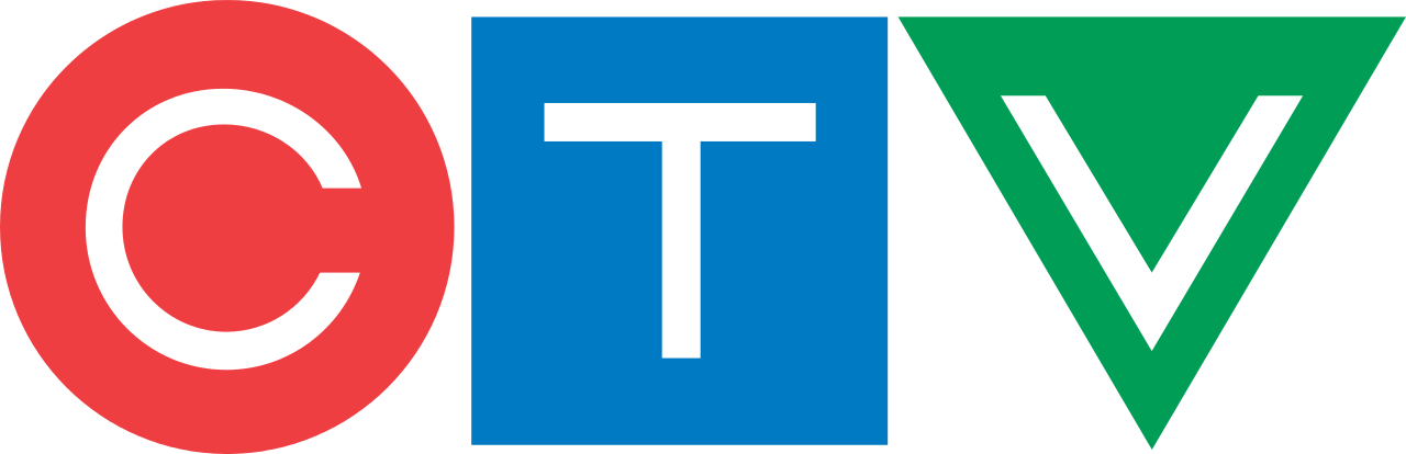 The image displays the logo for CTV, a Canadian television network. The logo consists of three geometric shapes with letters inside: a red circle with a white 'C', a blue square with a white 'T', and a green downward-pointing triangle with a white 'V