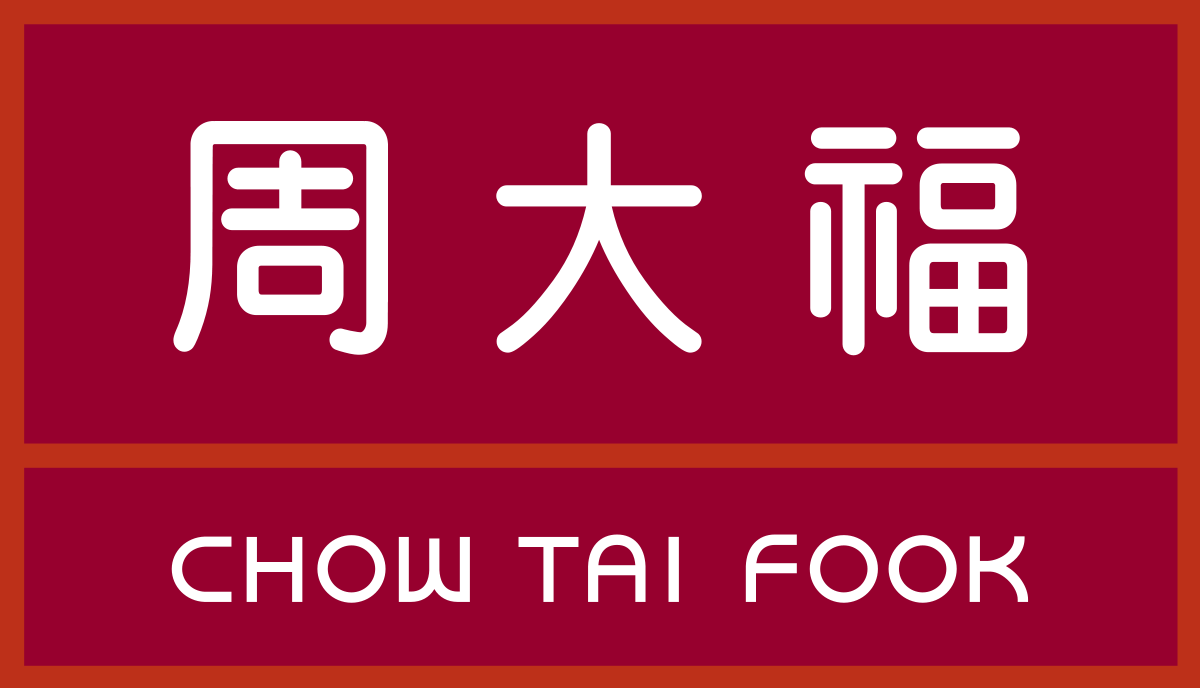 Red background with white Chinese characters and the phrase 'Chow Tai Fook' in white letters.