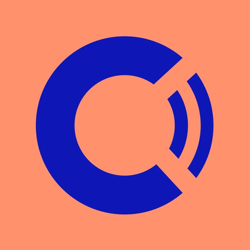 A logo with a large blue letter 'C' and a stylized magnifying glass shape on a peach background.