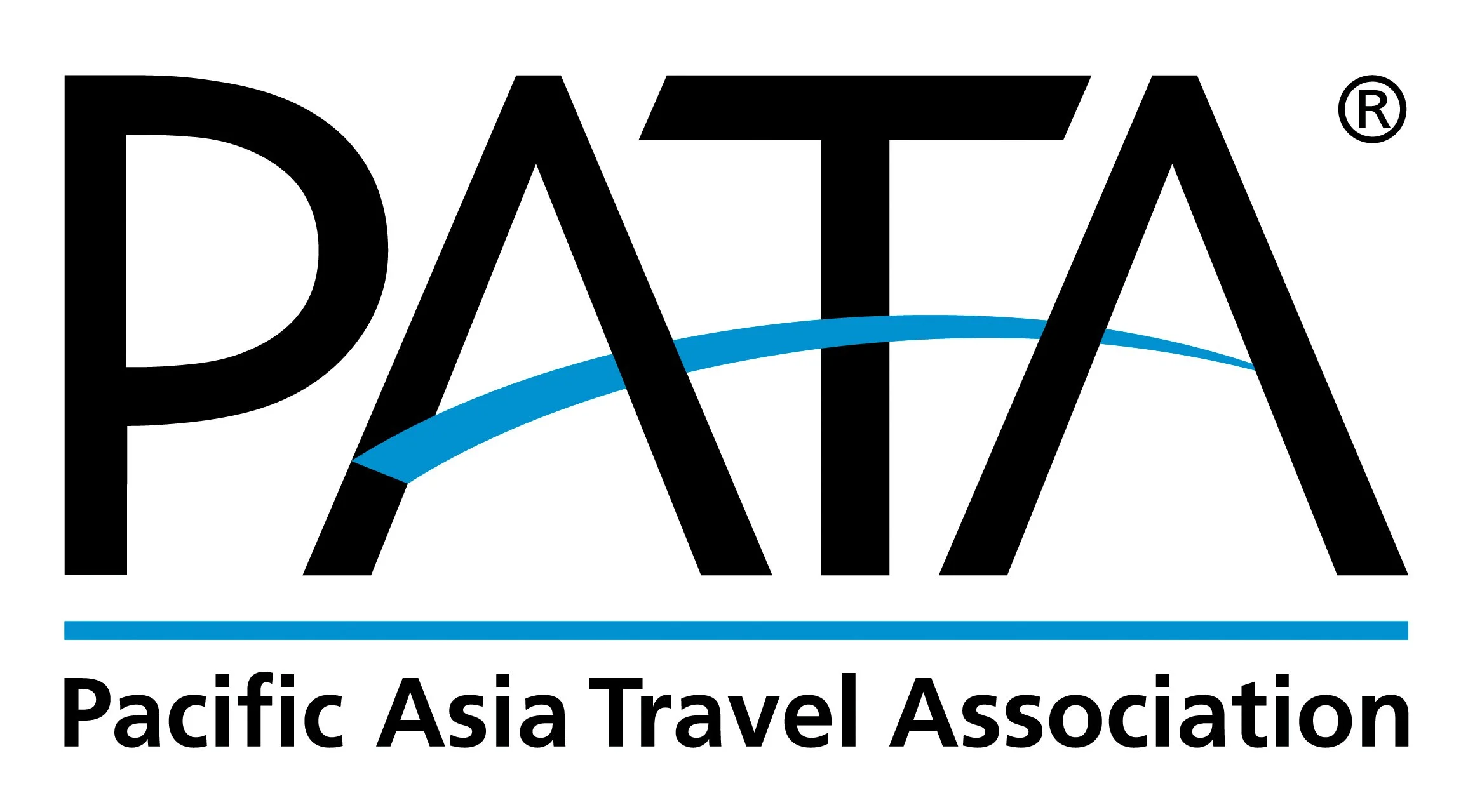 Logo of the Pacific Asia Travel Association (PATA) with large black text and a blue swoosh underlining part of the text, with the organization name below.