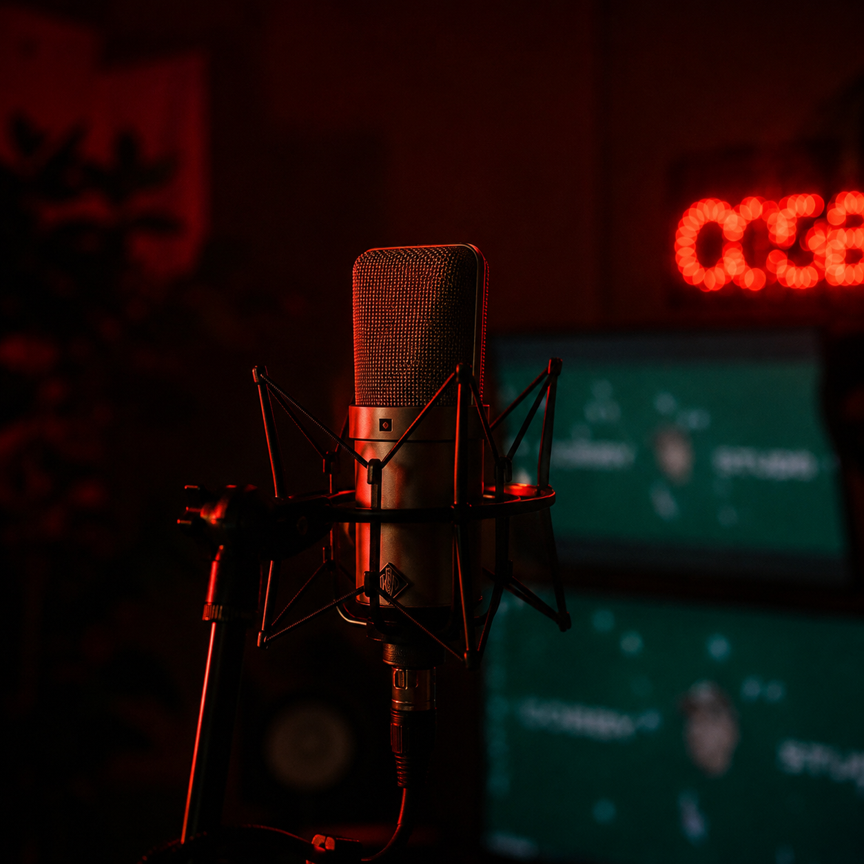 Aufnahme eines Studiomikrofons in einem dunklen Raum, beleuchtet mit roten Lichtern, im Hintergrund ein Monitor mit einer auf dem Bildschirm sichtbaren Aufnahme, und an der Wand ist ein neonrotes Zeichen, das 'OPEN' zeigt.
