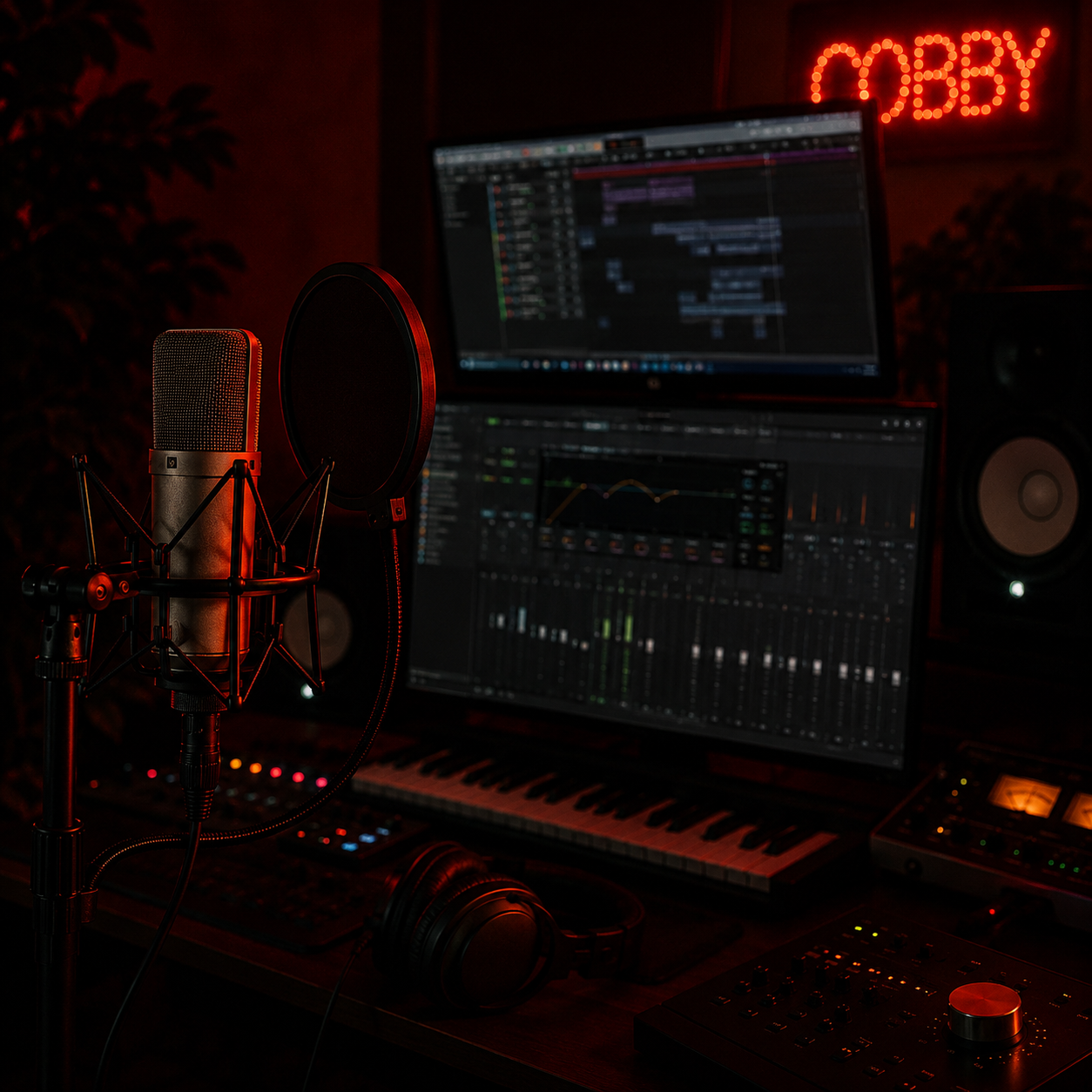 Aufnahme eines Heimstudio mit Mikrofon, Monitor, Kopfhörer, Tastatur und Computerbildschirm mit Musiksoftware, rote Beleuchtung, 'OBBY'-Zeichen im Hintergrund.