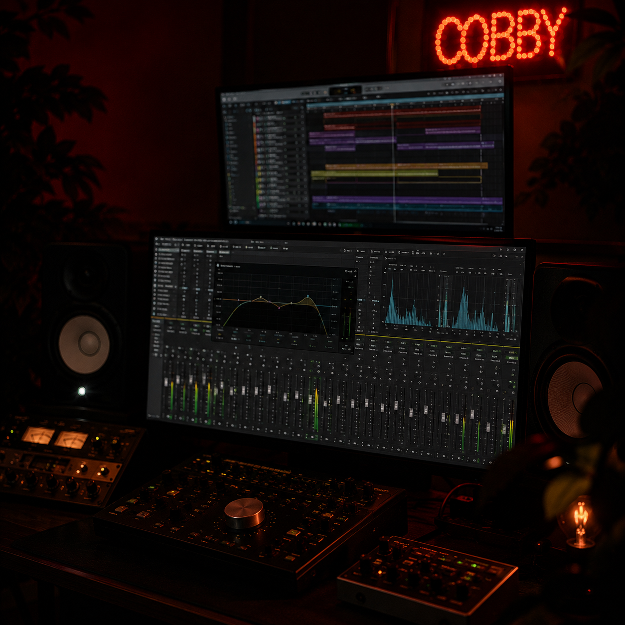 Musikproduktionsstudio mit zwei Monitorscreens, Lautsprechern, Audio-Interface und Foxy neon Schilder im dunklen Raum.