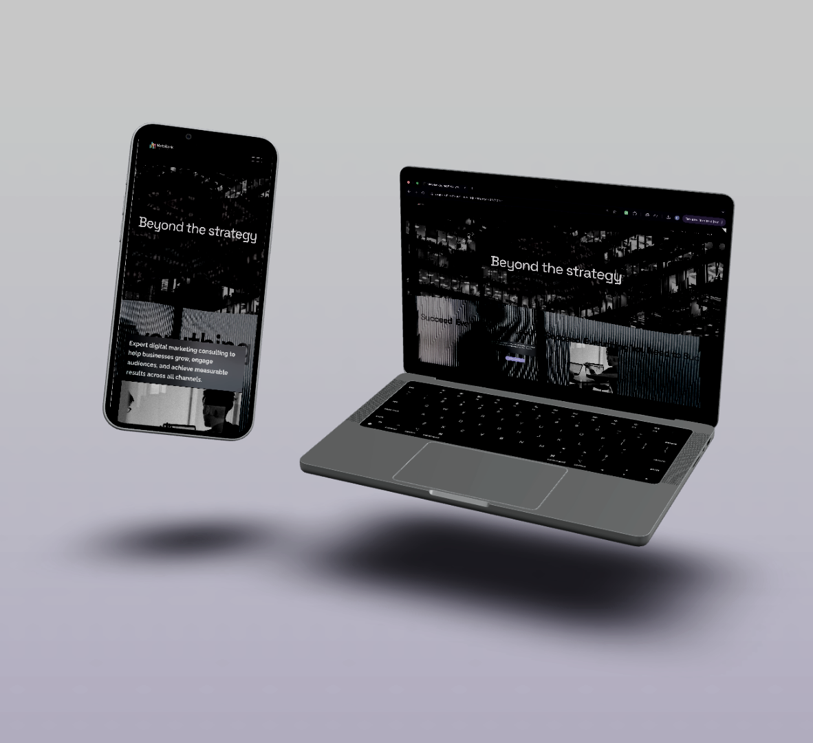 A laptop and a smartphone floating in mid-air against a light gray background, both displaying a website with the headline 'Beyond the strategy.'
