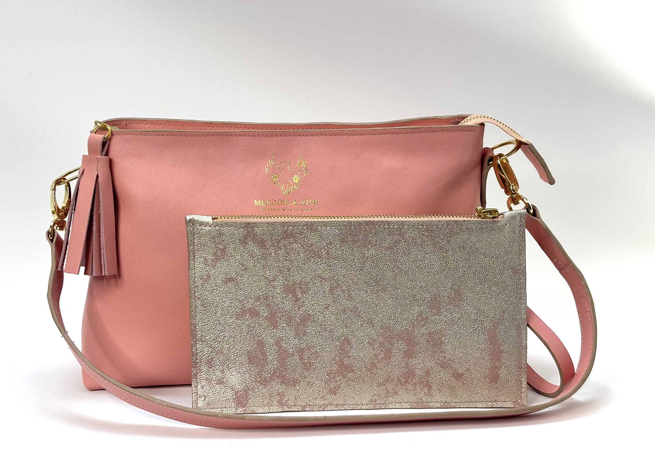 Meadow and Hide Powder Pink Overshoulder and champagne pink clutch combo 1a.jpeg