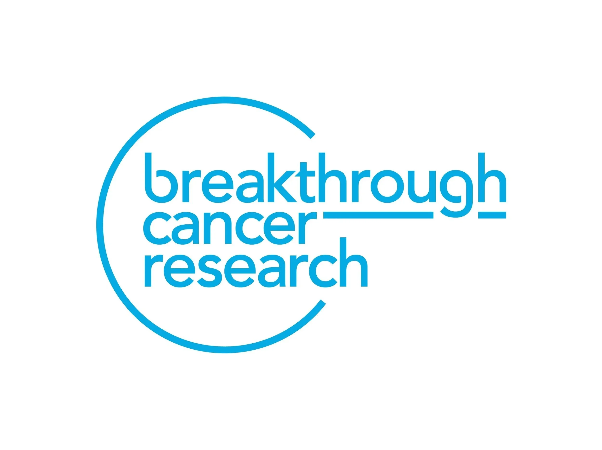 Blue text with lines under 'breakthrough' and 'cancer' that says 'breakthrough cancer research' inside a partial circle.
