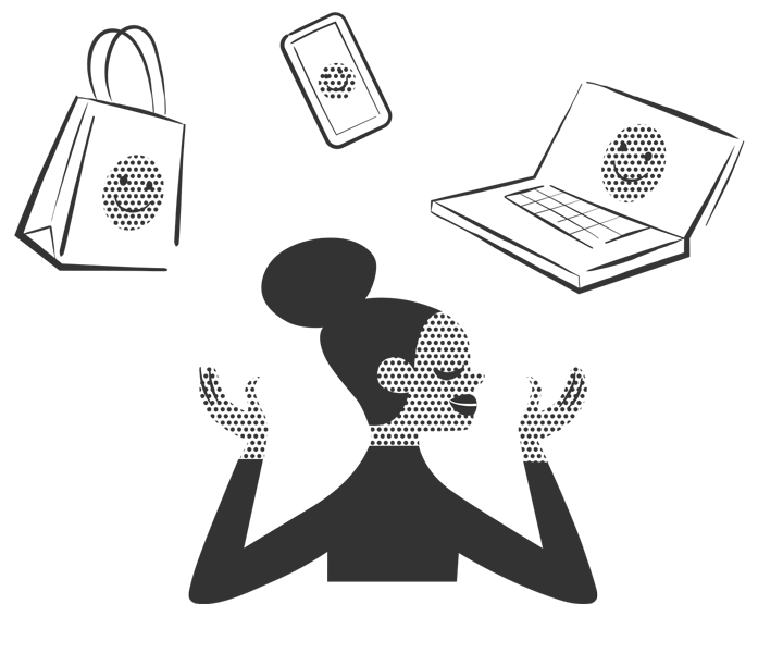 Editorial illustration of woman surrounded by cohesive brand presence.