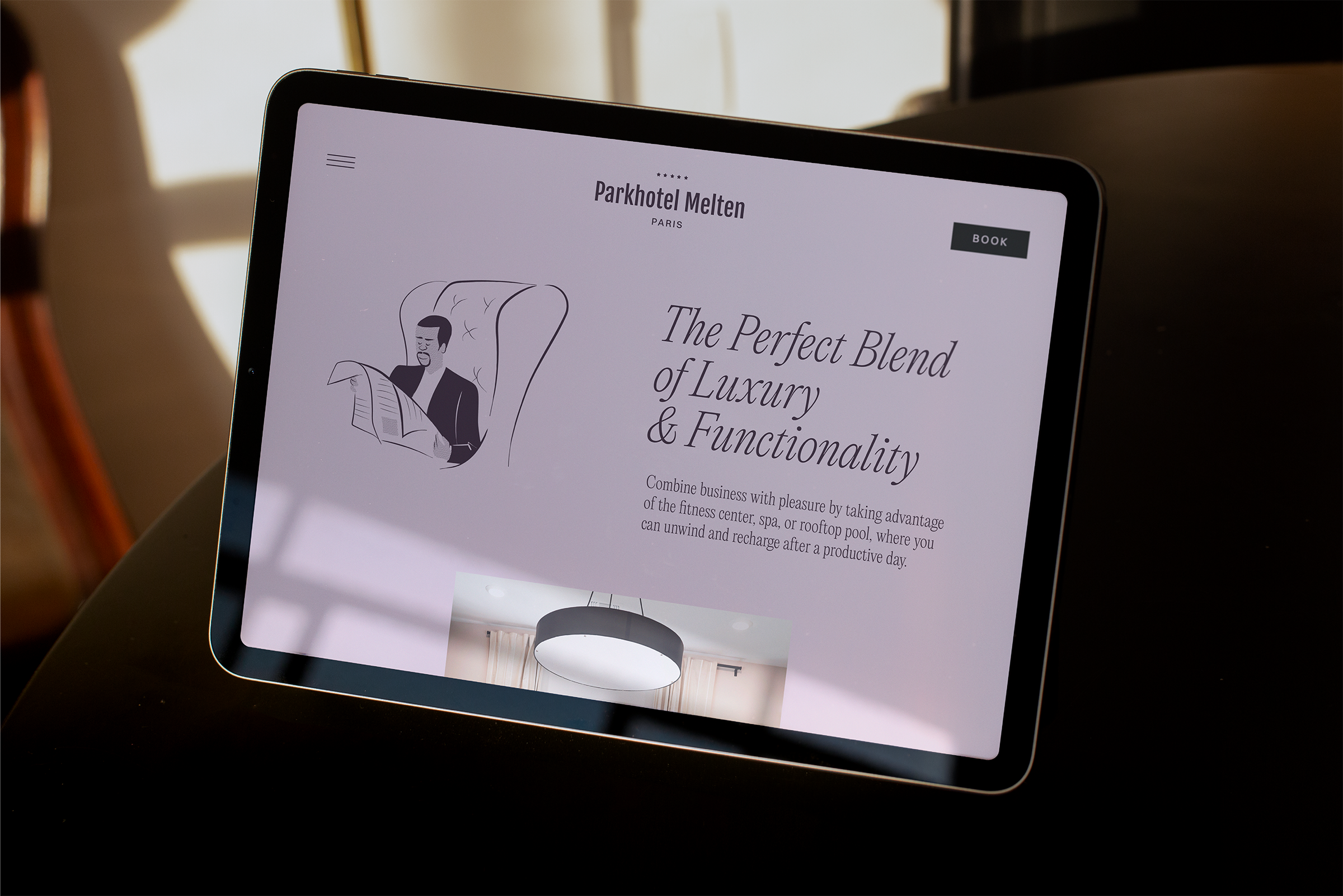 Editorial lifestyle illustration for luxury hospitality, displayed on a tablet.