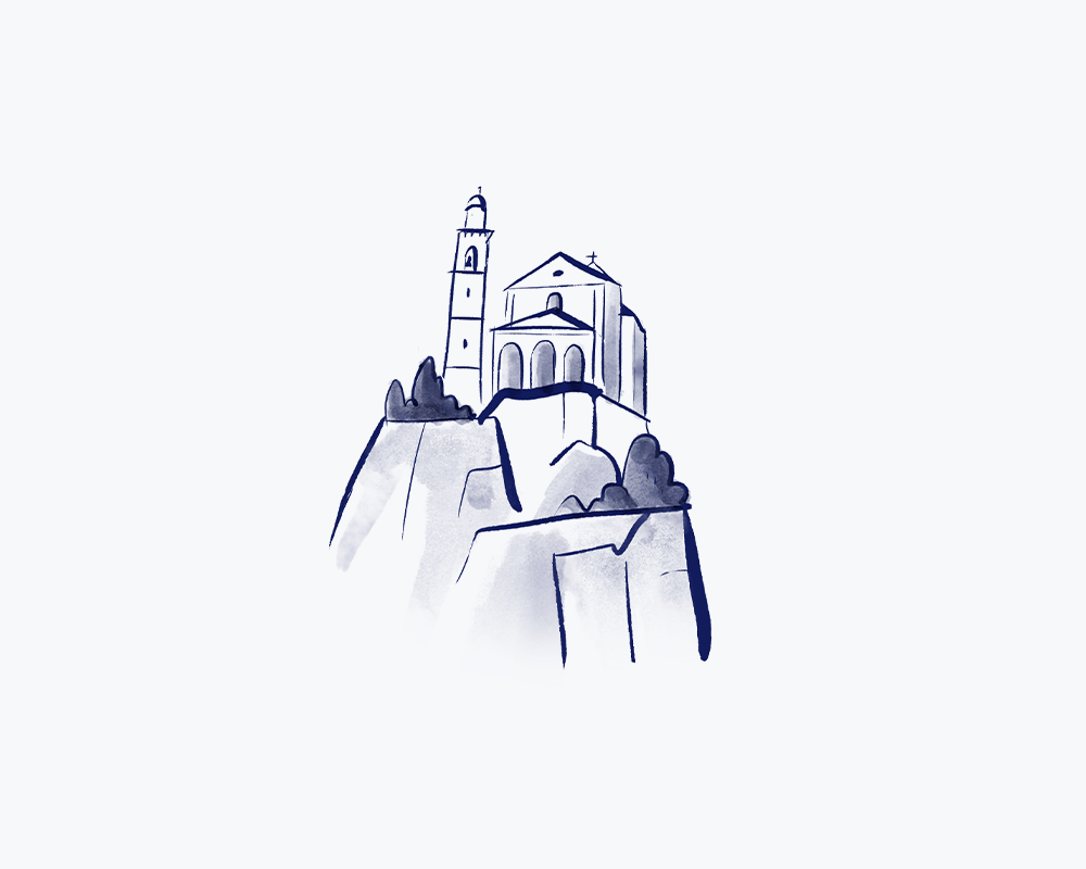 Ink illustration of an italian church, near Lake Maggiore, made for a luxury Hotel in Ascona.