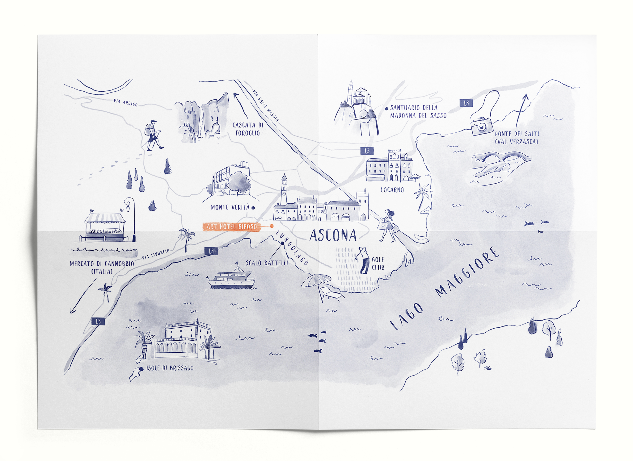 An illustrated ink map of Ascona, Switzerland, made for a luxury hotel.