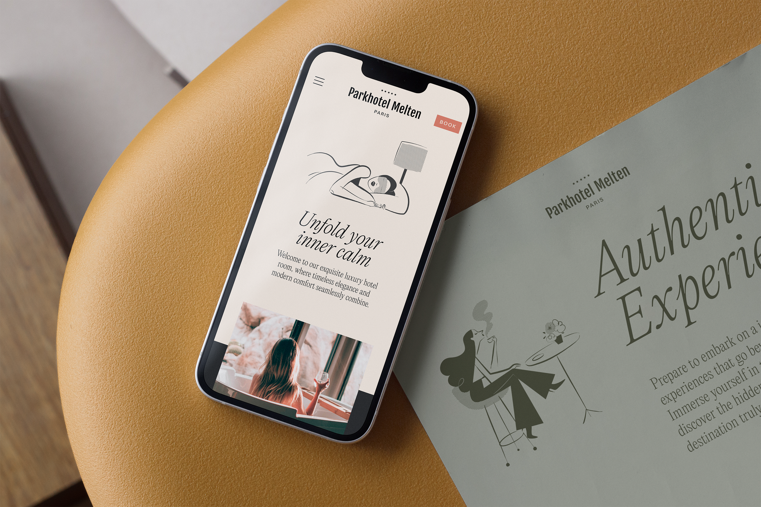 Vintage and minimalist branding illustrations applied to a luxury hotel website and brochure.
