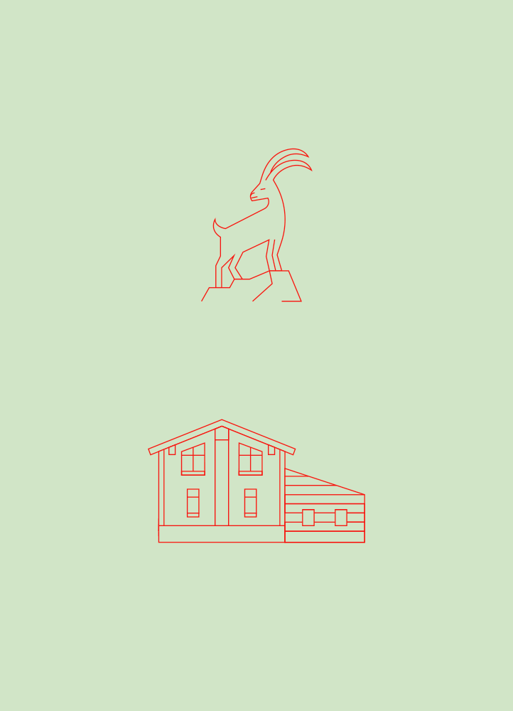 Line drawing of a mountain goat and a Swiss cottage, made for an hotel illustrated map.