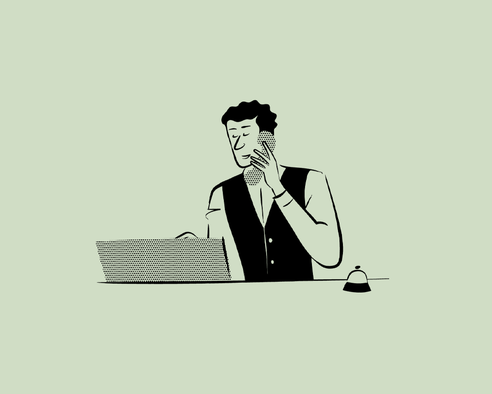 Minimal black and white illustration of a concierge in a vintage style, ideal for luxury hotels.