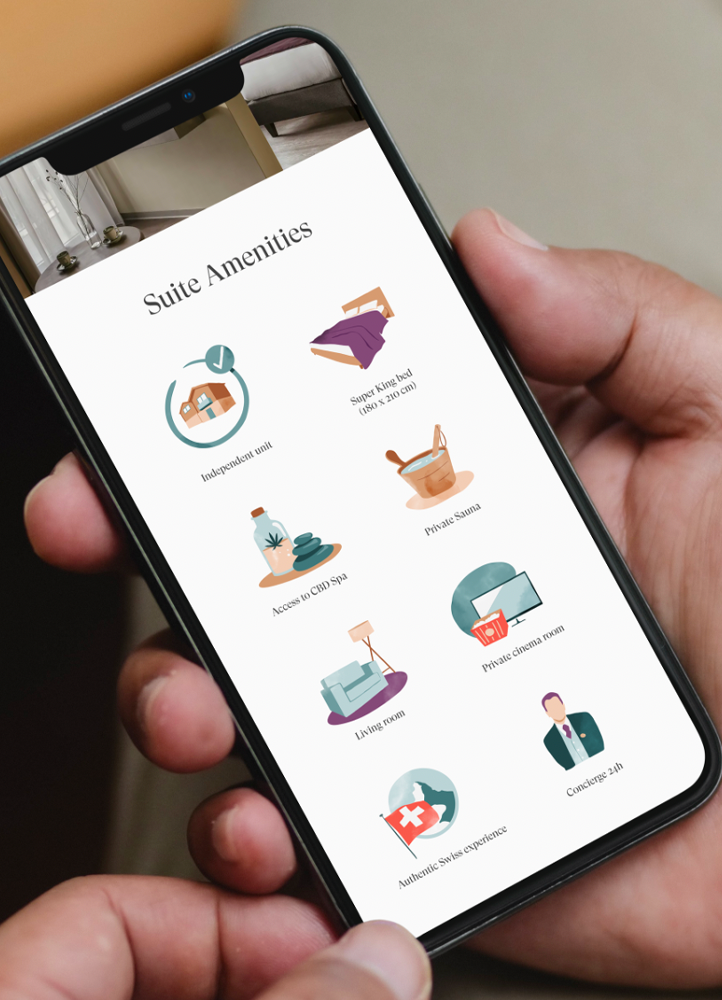 Smartphone screen showing a list of suite amenities for a hotel.