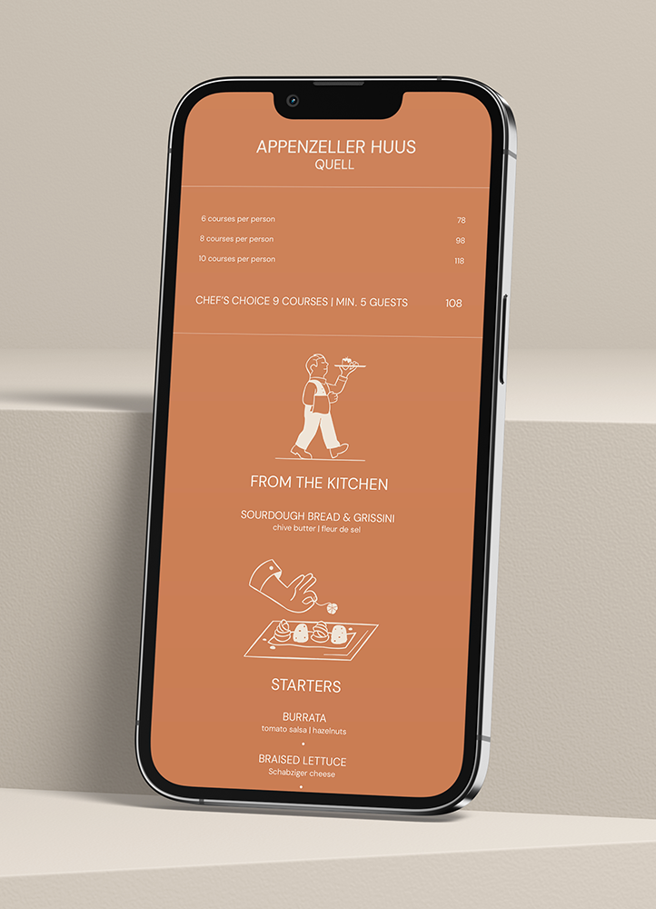 Bespoke illustrated icons for a restaurant menu, displayed on a smartphone.