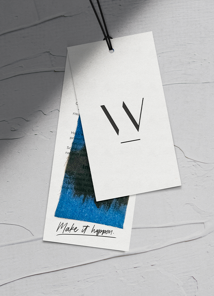 Hang tags for a modern minimalist fashion label.