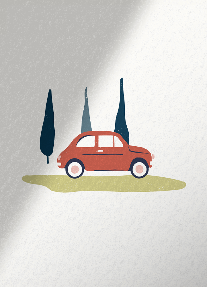 Illustration of a red 500 car in a typical Tuscan landscape with cypress trees.