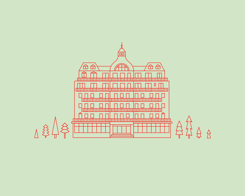 Line drawing of a large hotel building with multiple floors, made for a hotel in Zermatt, Switzerland.