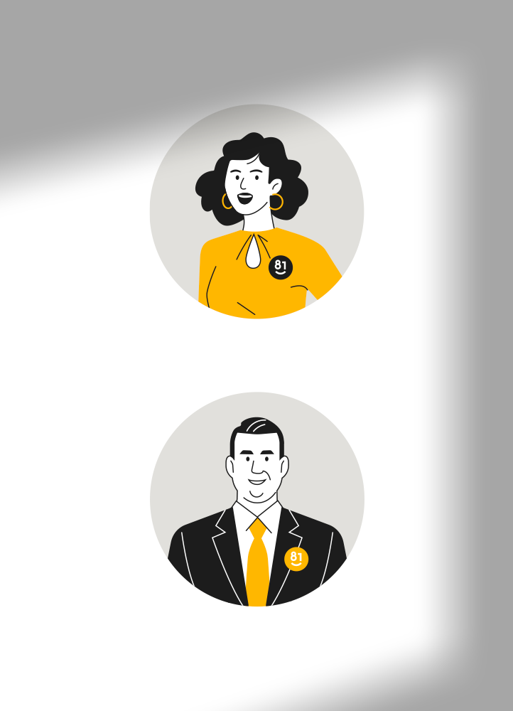 Half-length illustrations of business people in a minimal geometric style, with yellow accents.