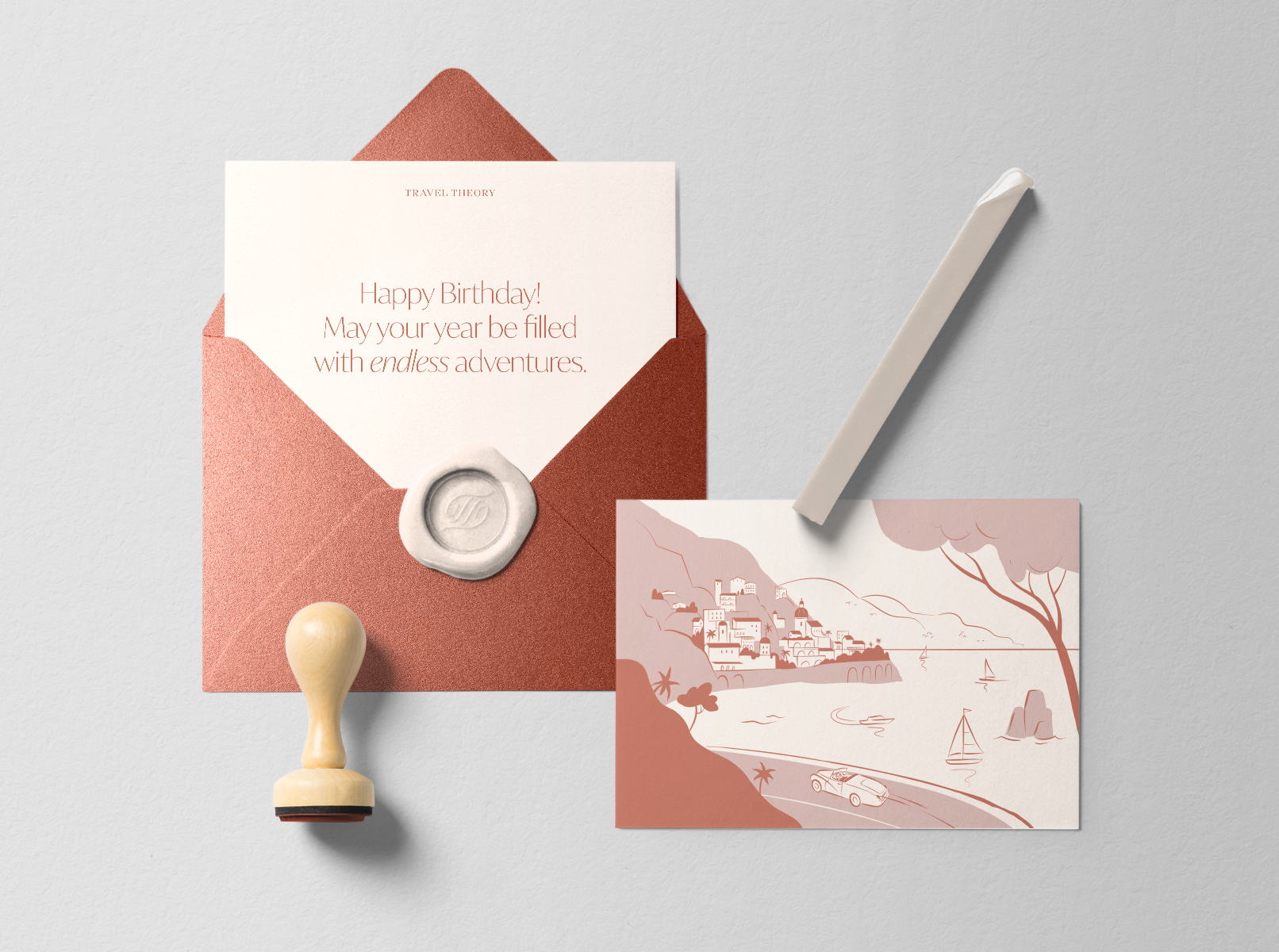 An illustrated birthday card for the clients of a luxury travel agency, depicting an Italian coastline.