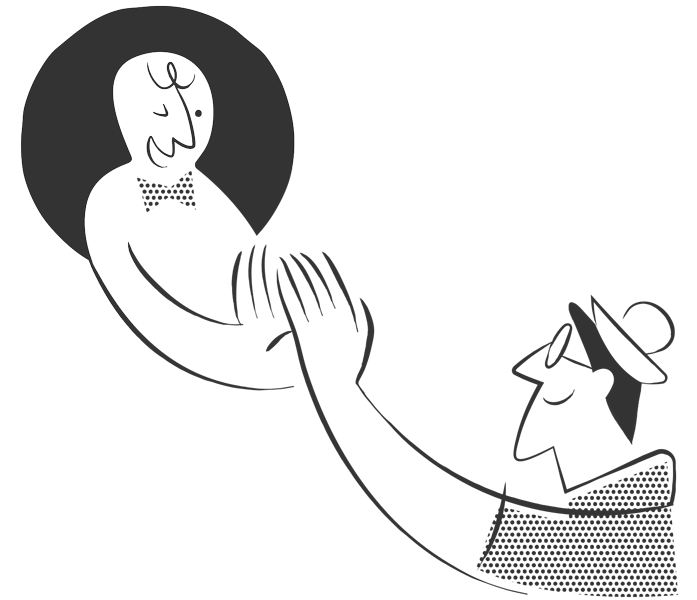 A person with glasses and a hat reaching out to shake hands with a cartoon face in a cloud, symbolizing a virtual or online interaction.