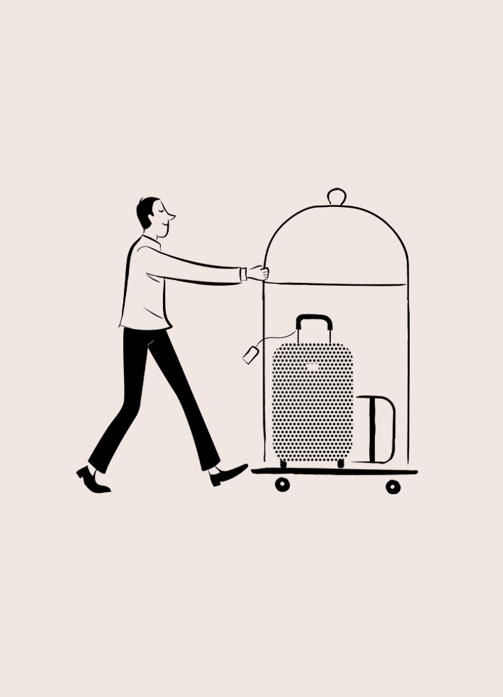 Editorial illustration of a lobby boy pushing luggage cart