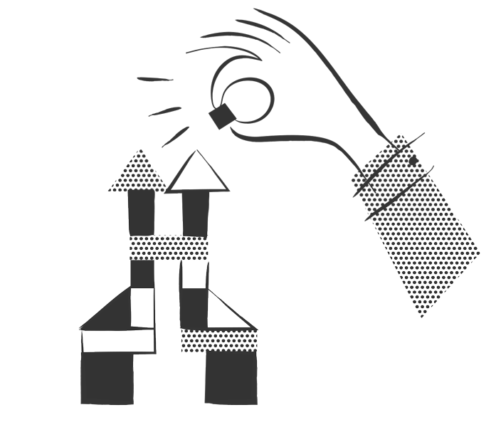 Editorial illustration about curating details of a brand, of a hand staking cubes
