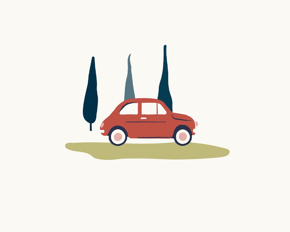 Vintage illustration of a red 500 car in a typical Tuscan landscape with cypress trees.