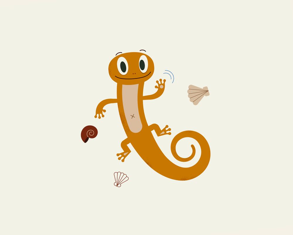 A cartoon gecko with big eyes and a long, curled tail, mascot for a family hotel brand.