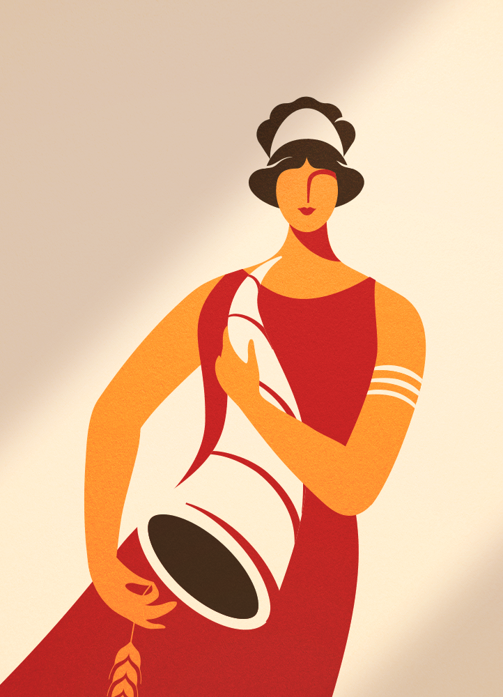 Minimal illustration of greek goddess Demeter in traditional greek attire holding a cornucopia