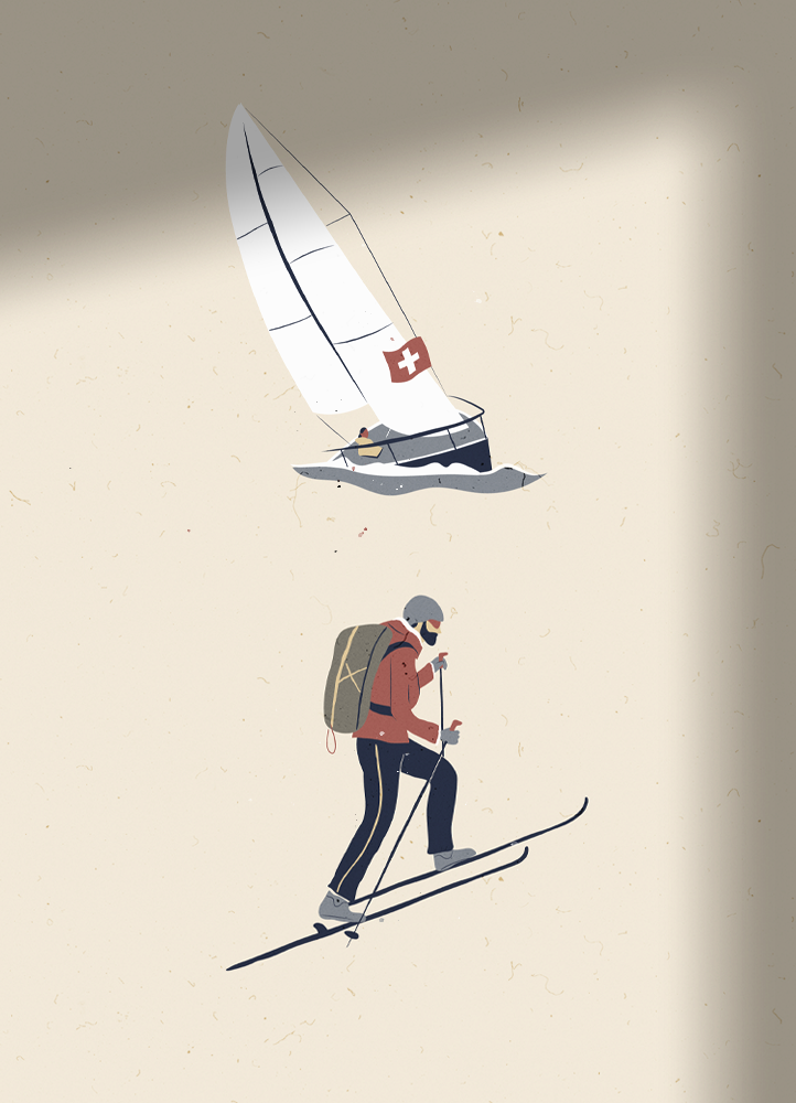 Illustrated icons of an alpine skier and a sailboat, for a Saint Moritz map.