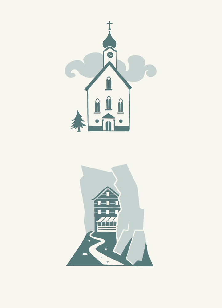 Illustration of an alpine church and a cottage made for an illustrated map.ss at the top, and a separate illustration of a mountain village with a house, a winding path, and rocky cliffs.