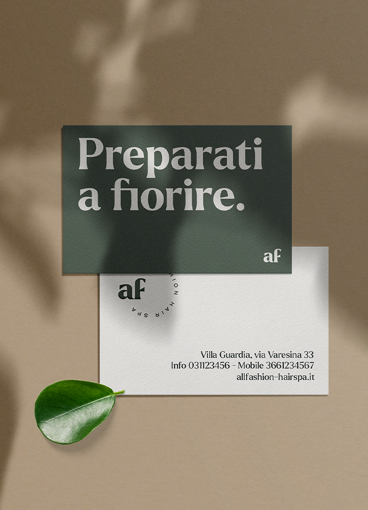 Forest green and white business cards for a modern hair spa.