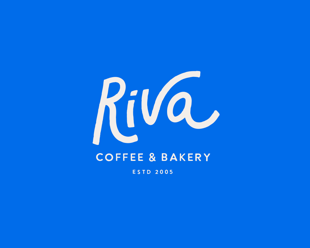 'Riva Coffee & Bakery' white logo on blue background in a modern handmade vintage script font.