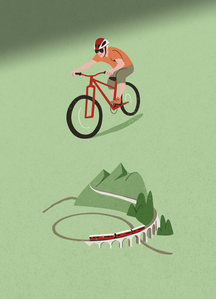 Mountain bike and red alpine train, icons from an illustrated map.