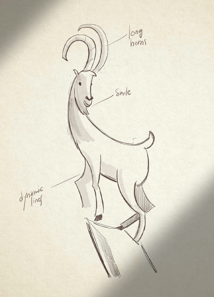 A sketch of a cartoon ibex with long horns, standing on a mountain peak, made as a study for a mascot character.