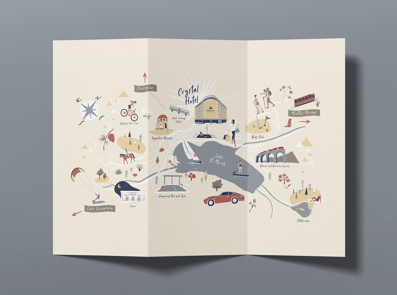Illustrated map of Saint Moritz, Switzerland, featuring some summer activities made for a hotel.