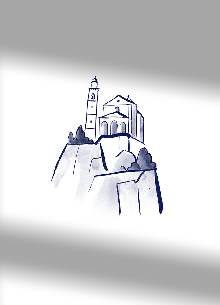 Ink illustration of an italian church, near Lake Maggiore, made for a luxury Hotel in Ascona.