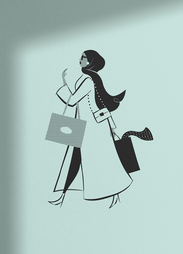 Editorial black and white lifestyle illustration of  rich Arabian woman shopping.