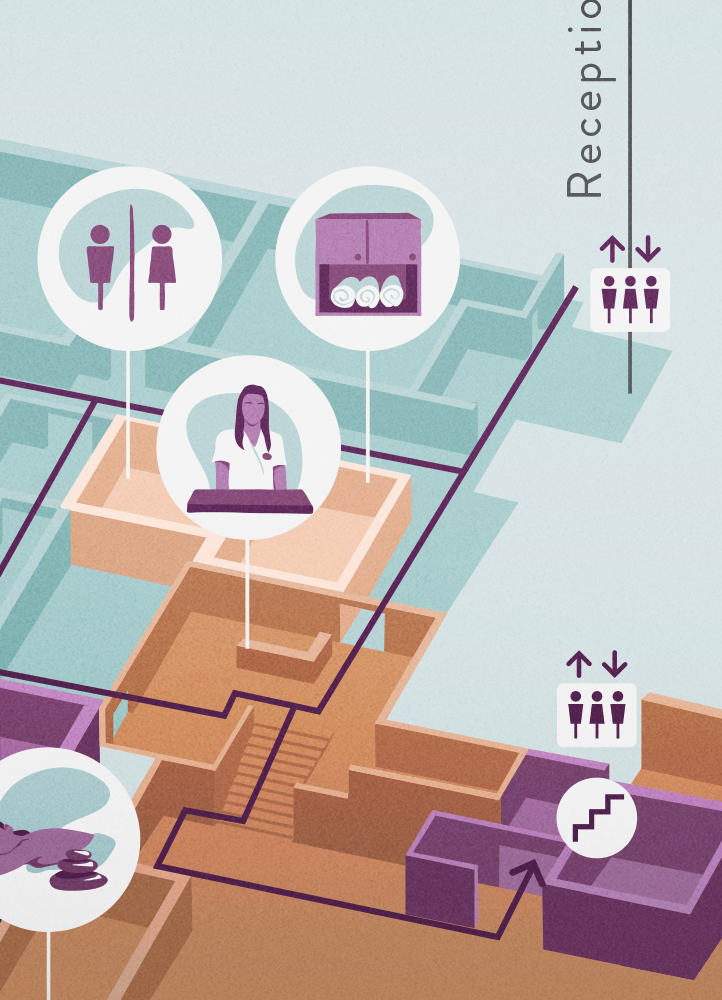 An illustrated floor plan of a luxury hotel spa.