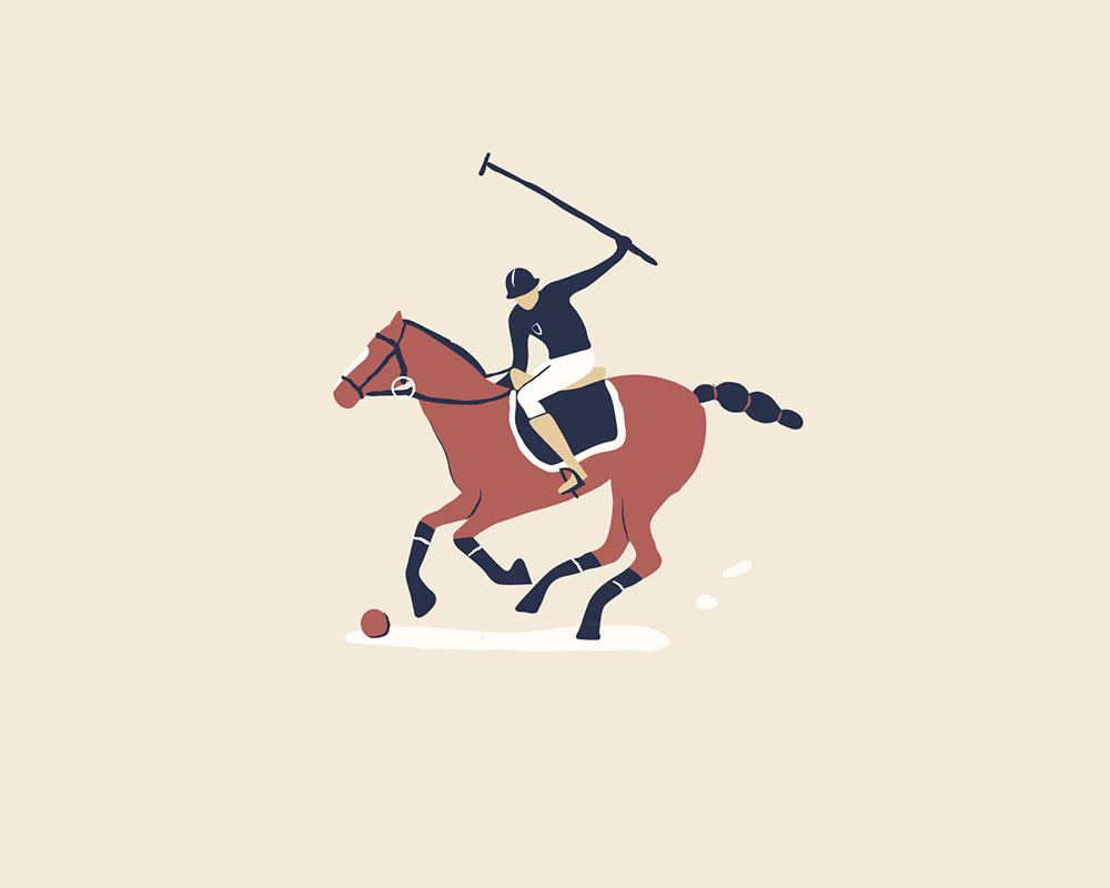 Minimal illustration of a polo player on a horse, made for a Hotel in Saint Moritz, Switzerland.