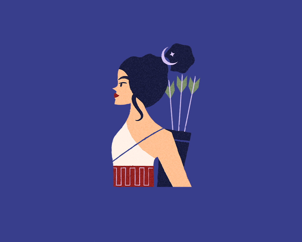 Minimal illustration of greek woman goddess Artemis with arrows and moon.