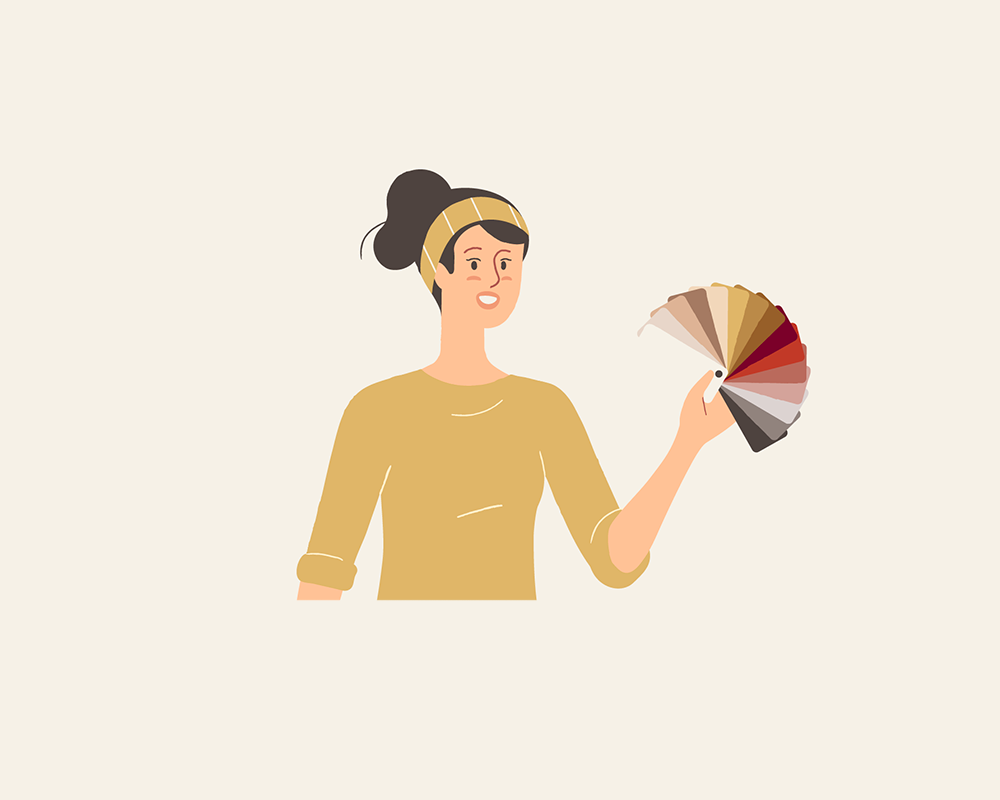 Minimal character illustration of a woman holding a fan of paint color swatches, made for a flooring company.