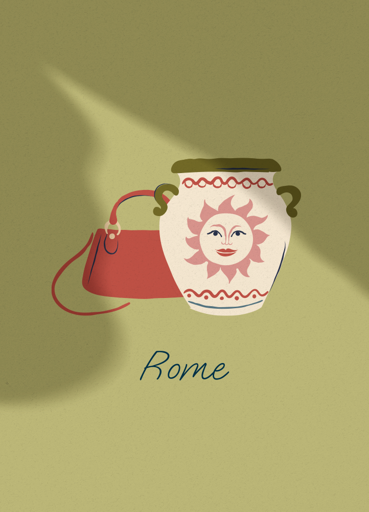 An illustrated icon of Italian craftsmanship (fashion and pottery).