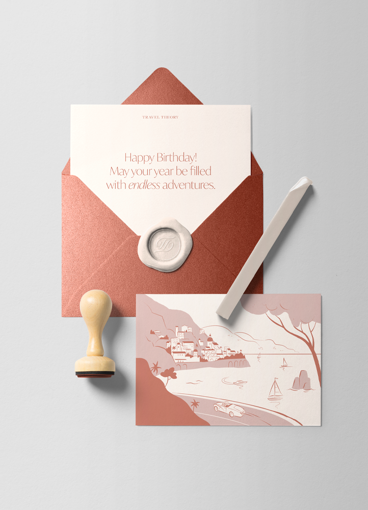 An illustrated birthday card for the clients of a luxury travel agency, depicting an Italian coastline.
