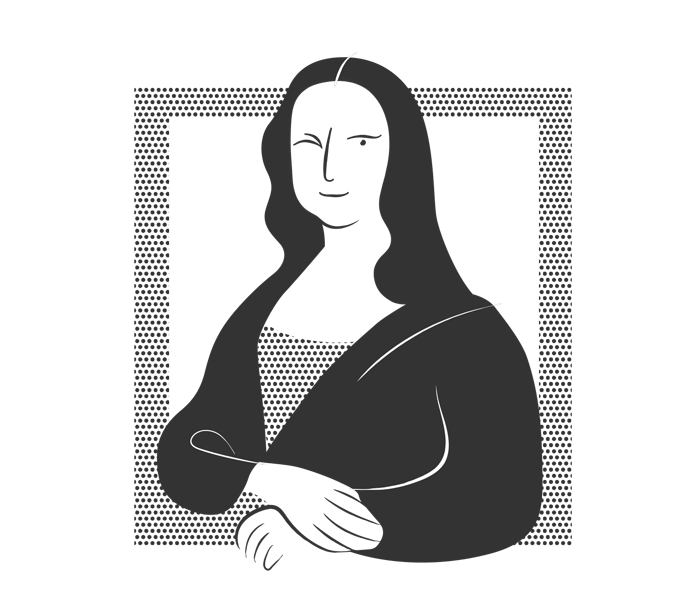 Line art illustration of the Mona Lisa with white outlines on a black background.