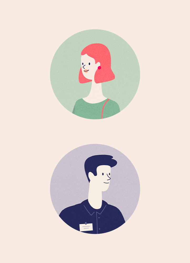 Minimal male woman characters, pale colors.
