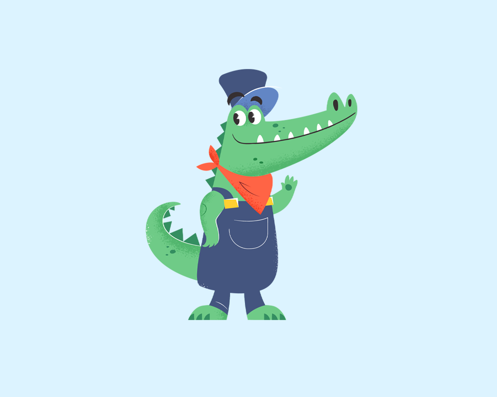 Cartoon alligator dressed as a railwayman with a blue hat and overalls, designed to be a mascot.