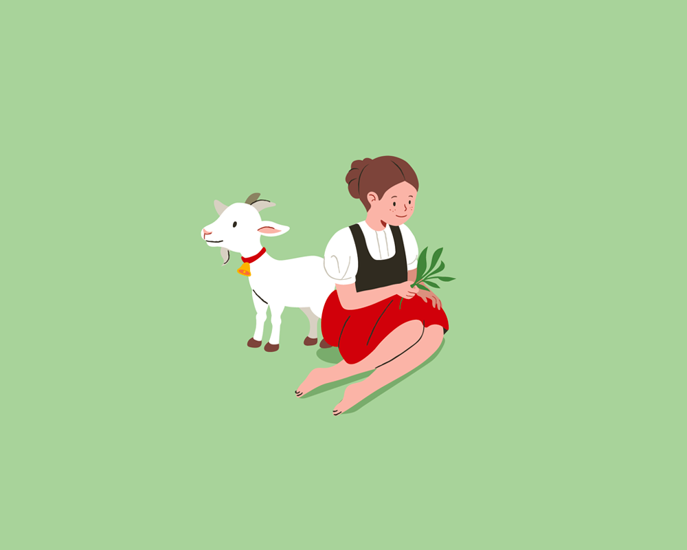 Minimal illustration of Heidi and a goat, made for the tourist map of canton Graubünden.